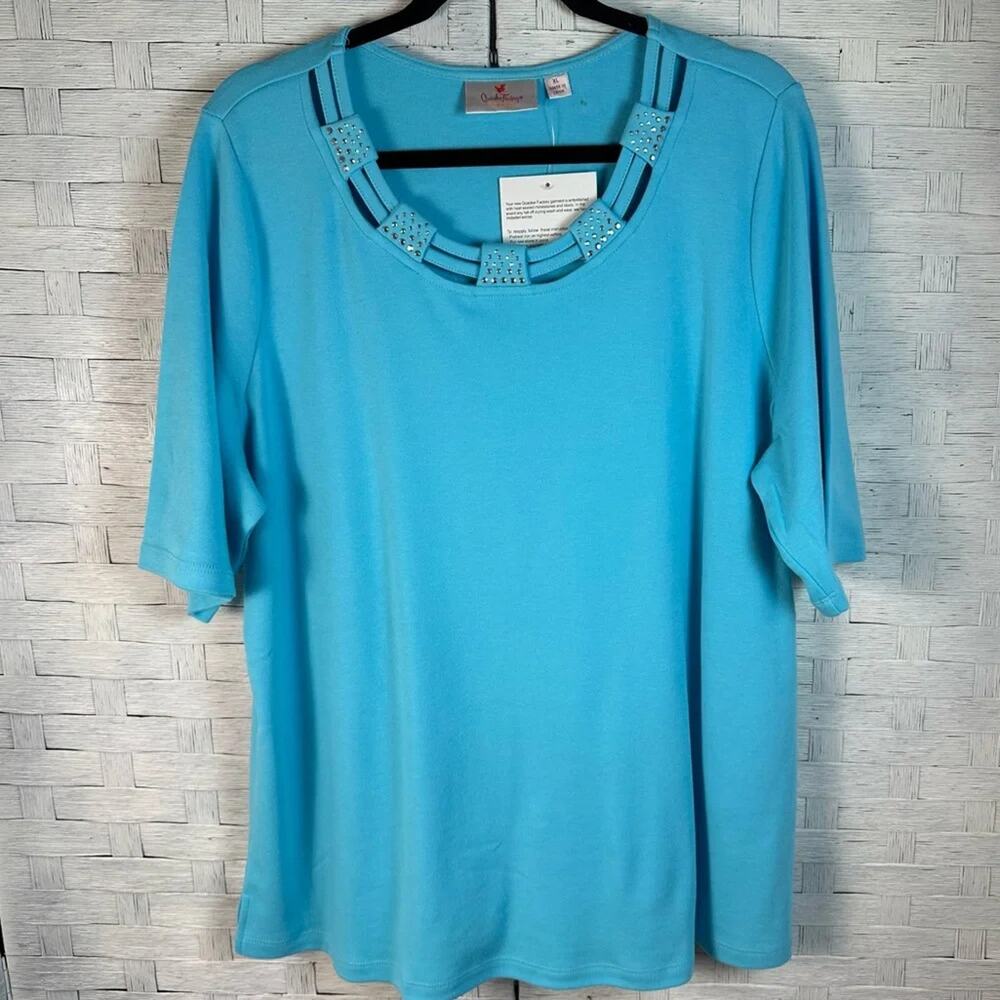 Quacker Factory short sleeve Sequin Embellish Knit T-shirt Turquoise plus size